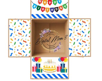 May include: A brown cardboard box with a birthday theme. The box is decorated with colorful confetti, a banner that says "Happy Birthday", and images of a cake, balloons, and presents. The inside of the box has the text "Digital Mom 3 Designs".