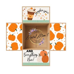 May include: A brown cardboard box with a pumpkin spice latte design on the top, a pumpkin pattern on the sides, and the text "AND Everything Nice!" on the bottom. The box is decorated with a white and green checkered pattern.