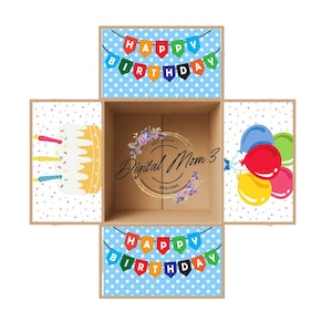 May include: A printable template for a birthday gift box. The box is decorated with a blue background with white polka dots and colorful banners that say "Happy Birthday". The box also has a side with a yellow cake with candles and a side with colorful balloons.