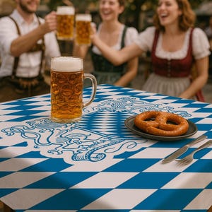 May include: A beer stein filled with beer and foam sits on a blue and white checkered tablecloth. A pretzel is on a plate next to the stein. People in traditional German attire are in the background, toasting with beer steins.