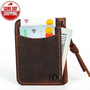 Tarjetero de cuero personalizado, billetera minimalista fina de cuero grabado, tarjetero artesanal, billetera unisex, regalo para el Día de la Madre.
