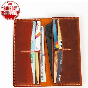 Cartera larga de cuero artesanal, billetera plegable de cuero grabado para hombre, cartera de mano personalizada para mujer con ranuras para tarjetas y funda para teléfono, regalo para el Día de la Madre.