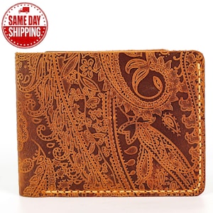 Cartera de cuero repujado con estampado floral, tarjetero de cuero grabado, billetera plegable, billetera personalizada, regalo para el Día de la Madre.