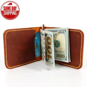 Cartera fina de cuero hecha a mano con bolsillo frontal, billetera minimalista personalizada con clip para billetes, tarjetero fino de cuero grabado, regalo para el Día de la Madre