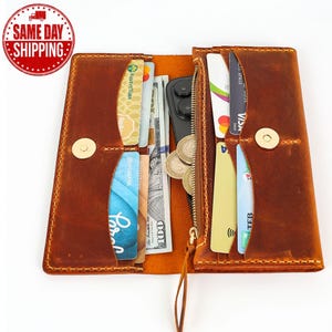 Cartera de cuero para mujer hecha a mano, billetera plegable larga grabada, cartera personalizada con ranuras para tarjetas y funda para teléfono, regalo para el Día de la Madre.