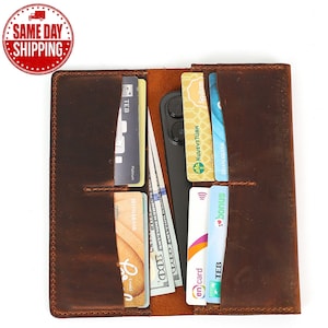 Cartera larga de piel auténtica para mujer, cartera plegable grabada para hombre, cartera personalizada con ranuras para tarjetas y funda para teléfono, regalo para el Día de la Madre.