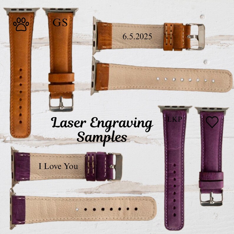 May include: A collection of leather watch bands in various colors, including brown and purple. Some bands feature engraved text such as initials, dates, and the phrase "I Love You." The image also displays a paw print and a heart symbol.