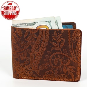 Cartera de cuero con estampado floral, tarjetero grabado, billetera plegable, billetera personalizada con relieve, regalo de cumpleaños para él.