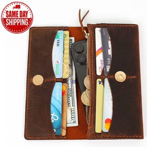 Cartera de piel artesanal para mujer, billetera plegable grabada, cartera personalizada con tarjetero y funda para teléfono, regalo para el Día de la Madre.