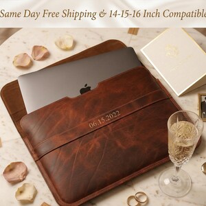 Personalized Leather MacBook Sleeve | 3rd Anniversary Gift for Him, Her | Engraved Case (14-16 Inch)
