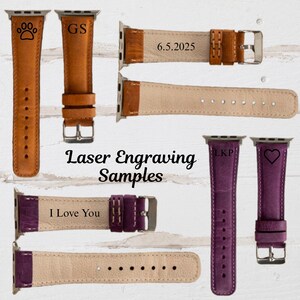 May include: A collection of leather watch bands in various colors, including brown and purple. Some bands feature engraved text and symbols, such as initials, a paw print, a heart, and the phrase "I Love You." The text "Laser Engraving Samples" is also visible.