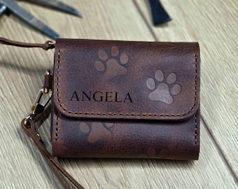 Personalized Cat Paw Leather Wallet - Engraved Wristlet Coin Card Purse, Christmas Gift for her