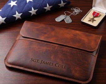 Military Graduation Gift | Custom Leather Laptop Sleeve for Veterans | Engraved Soldier MacBook Case
