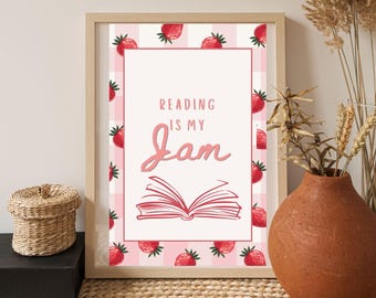 Book Lover Wall Art Print: Strawberry Reading Nook Decor (Digital Download