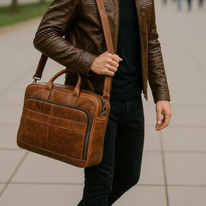Puede incluir: Un maletín de cuero marrón con una correa para el hombro es llevado por una persona que lleva una chaqueta de cuero marrón y pantalones negros. El maletín tiene un asa y un bolsillo frontal con cremallera. La chaqueta tiene cierre de cremallera y bolsillos.