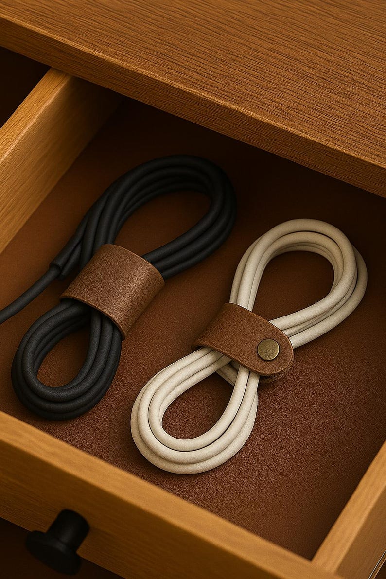 May include: Two coiled charging cables, one black and one white, are neatly organized in a wooden drawer. Each cable is secured with a brown leather strap. The drawer is made of light brown wood.