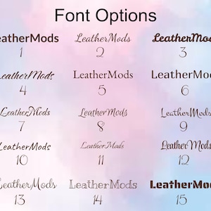 May include: Image showcasing 15 different font options labeled 1 through 15. Each font displays the text "LeatherMods" in various styles, ranging from bold to script, against a soft, colorful background.