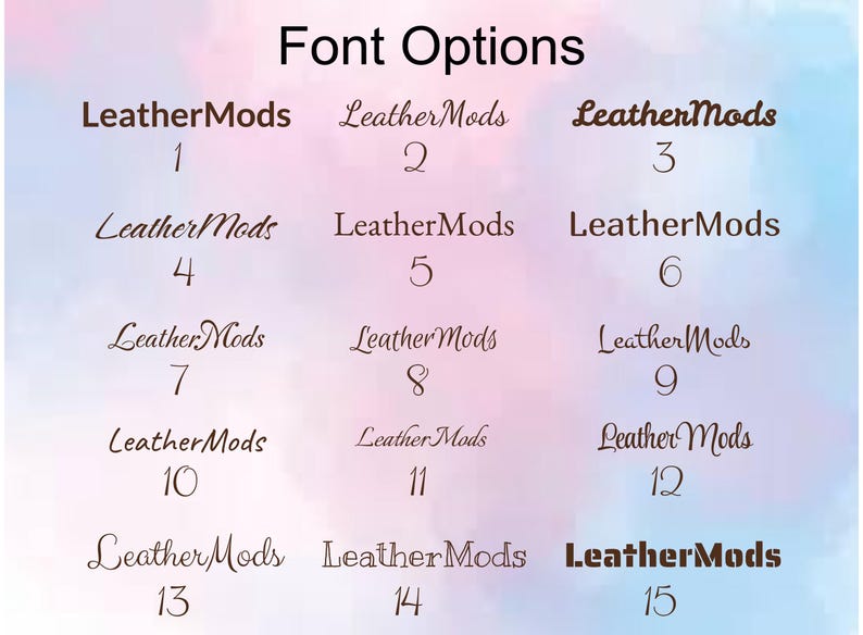 May include: Image showcasing 15 different font options labeled 1 through 15. Each font displays the text "LeatherMods" in various styles, ranging from bold to script, against a soft, colorful background.