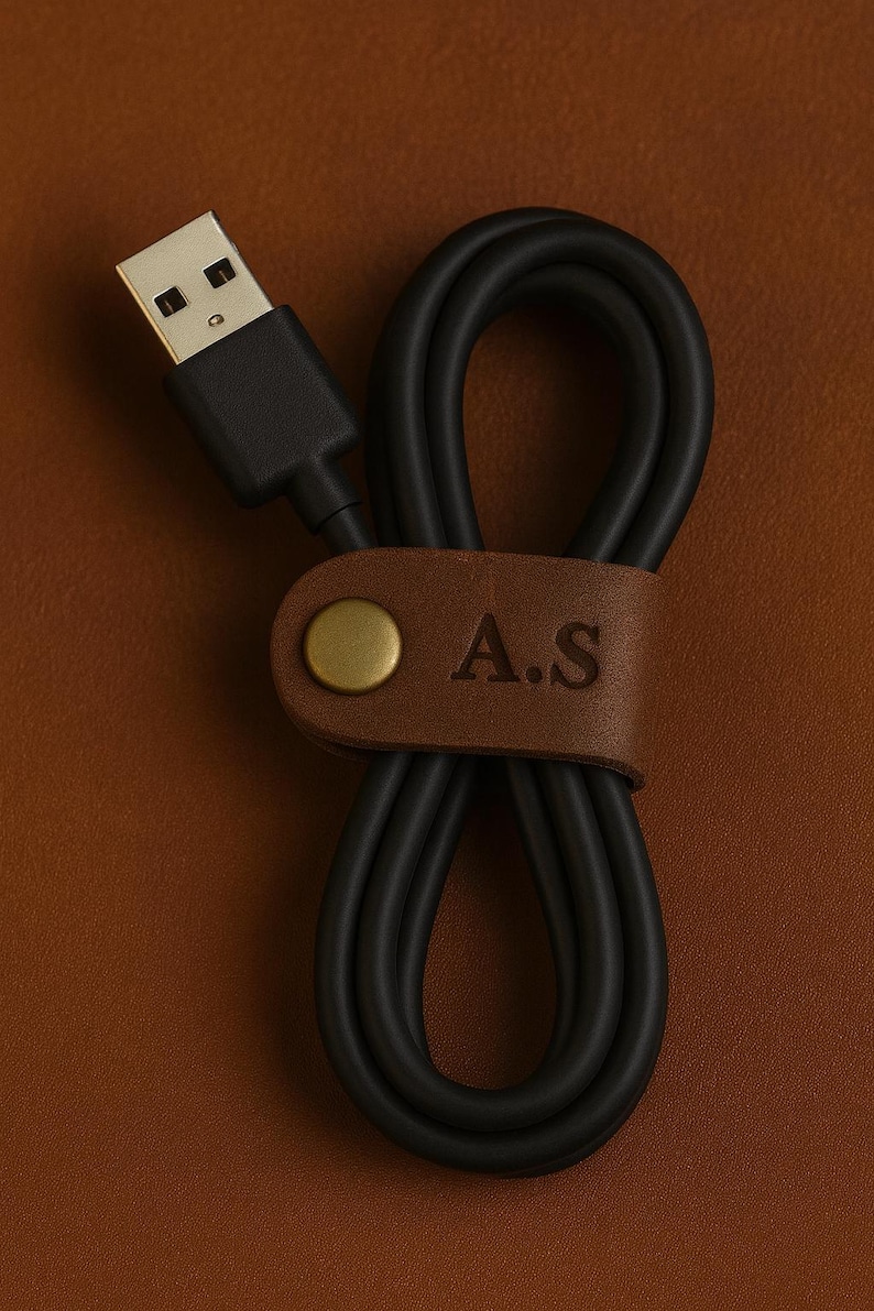 May include: Black USB cable with a brown leather strap. The strap is secured with a gold-colored rivet and embossed with the initials "A.S.". The cable is neatly coiled, suggesting organization.