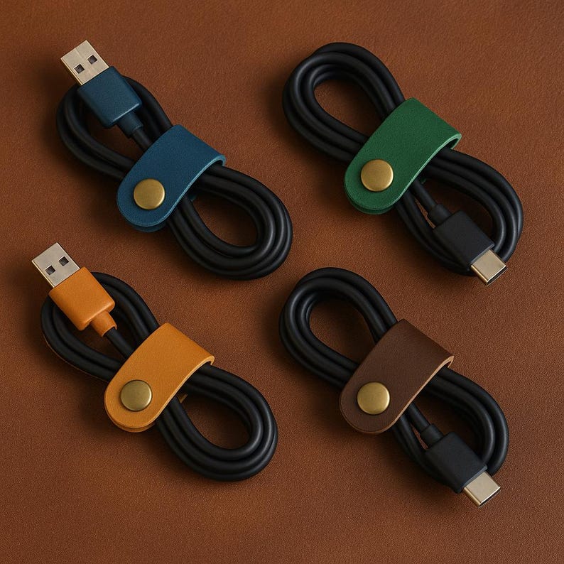 May include: Four black USB charging cables are neatly coiled and secured with leather cable organizers. The organizers are in blue, green, orange, and brown, each with a gold snap closure. The background is a warm brown.