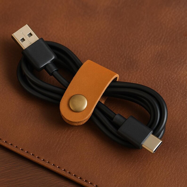 May include: A black USB charging cable with a Type-C connector, secured by a tan leather cable organizer with a brass snap. The cable is coiled on a brown leather surface.