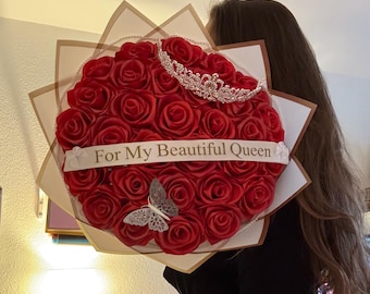 Satinrosen,Rosenbouquet, Rosenstrauß,Glitzer, Rosa,Krone,Geburstag,Jahrestag, Verlobung,Hochzeit, Deko, Rosen, Ewige Rosen