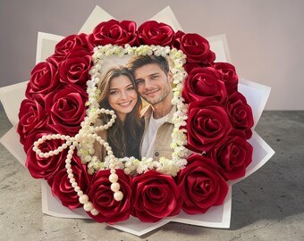 Gepersonaliseerde satijnen rozen met foto, verjaardagscadeau-ideeën, rozenboeket, eeuwige rozen, glitterrozen, Valentijnsdag, jubileum