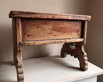 19th Century Early Primitive Folk Art Wooden Stool | Carved & Scalloped Antique Footstool | Handmade Rustic Bench | Old Patina Primitive