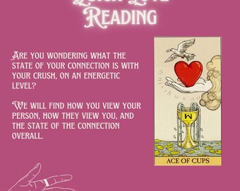 Puede incluir: Una lectura de tarot para el amor, con la carta del As de Copas. La carta muestra un cáliz dorado que se desborda de agua, una paloma que lleva un corazón rojo y una mano que se extiende para recibir el corazón. El texto "As de Copas" está impreso debajo de la carta.