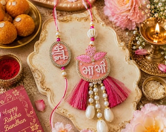 Bhai Bhabhi Rakhi Lumba Set Handcrafted Beaded Rakhdi for Brother Sister-in-Law Traditional Raksha Bandhan Rakhi Pair from India