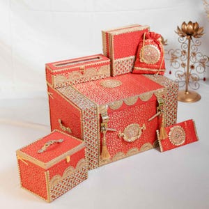 Lyxig bröllopsgåva med sandwichbox, indisk bröllopskorg, smyckeskrin, sminklåda, potli shagun-kuvert, låda med torr frukt, traditionell brudutrustning