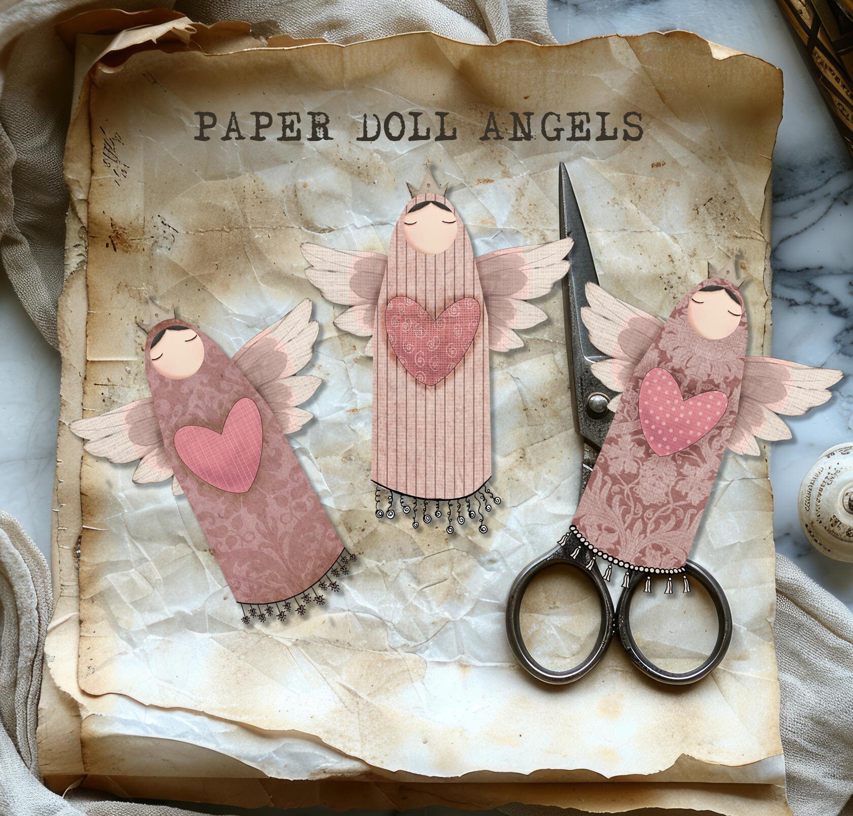 Paper Doll Angels, Vintage Paper Doll Clipart Bundle, Junk Journal, Scrapbooking Kit, collage sheet, shabby chic, farmhouse
