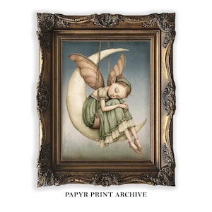 May include: A framed print featuring an illustration of a fairy with pointed ears and wings, wearing a green dress, sleeping on a crescent moon swing. The frame is ornate, dark bronze with intricate floral carvings. Text reads: PAPYR PRINT ARCHIVE.