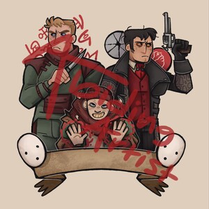 May include: A digital illustration featuring three characters: one in a green jacket holding a knife, one in a red vest and black coat holding a revolver, and a smaller central figure with hands raised. A blank banner sits at the bottom.