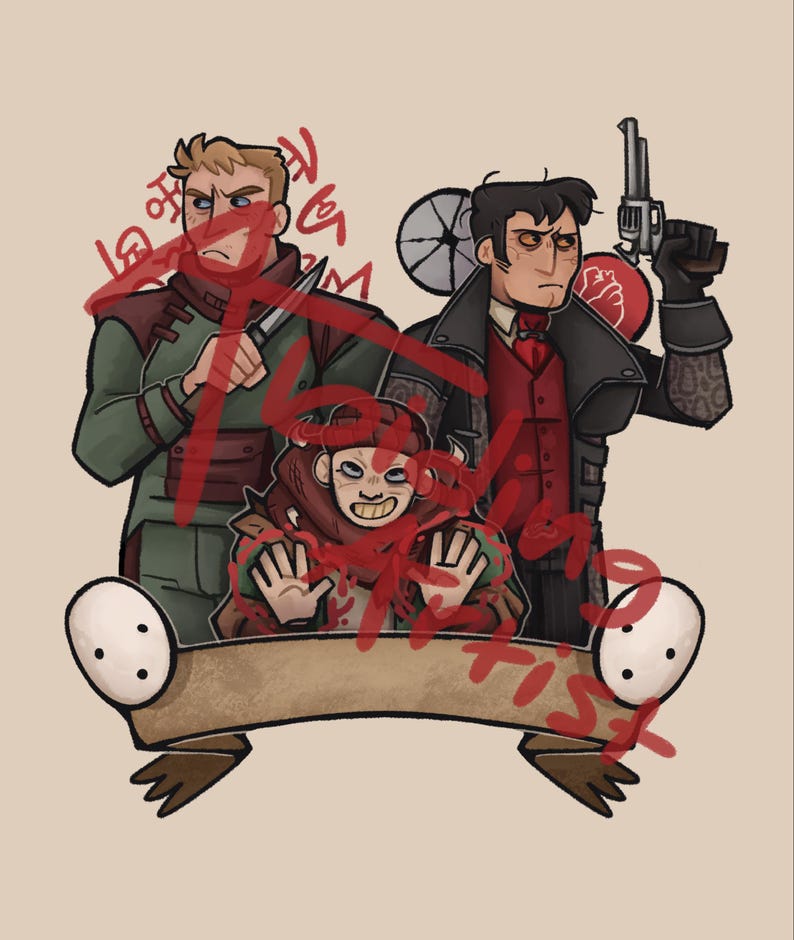 May include: A digital illustration featuring three characters: one in a green jacket holding a knife, one in a red vest and black coat holding a revolver, and a smaller central figure with hands raised. A blank banner sits at the bottom.