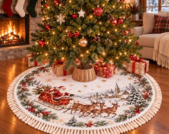 Könnte beinhalten: Ein runder, weißer Weihnachtsbaumteppich mit einem Druckmotiv, das den Weihnachtsmann in einem roten Schlitten mit Rentieren, eine winterliche Dorflandschaft, Tannenzweige und rote Beeren zeigt, abgerundet durch einen cremefarbenen Fransenrand.