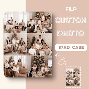 Peut inclure: Coque d'iPad personnalisée avec un collage de photos de famille. L'étui a un fond beige clair avec les mots "CUSTOM PHOTO IPAD CASE" en blanc. Une petite image montre le collage de photos.