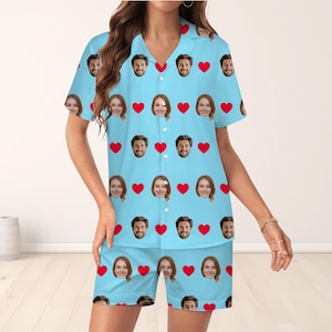 Custom Face Pajamas Set, Personalized Photo Short Sleeve Pajamas, Custom Pajama Sets, Custom Couple Photos Pajama, Gift for Her/Him