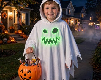 Personlig Halloween-mantel med lysande läppar, anpassad Halloween-kostym, upplyst mantel med huva, Halloween-festoutfit, bus-or-treat-present till barn