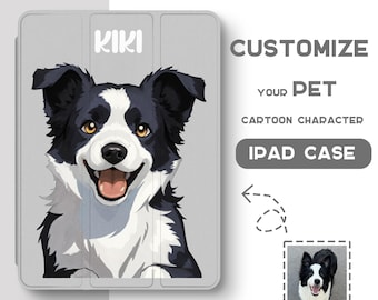 Op de afbeelding: Een lichtgrijze iPad-hoes met een cartoonillustratie van een Border Collie-hond in zwart en wit. De hoes heeft het woord "KIKI" erop gedrukt en de tekst "PAS UW HUISDIERTEKENFILMFIGUUR IPAD-HOES" is ook zichtbaar.