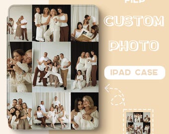Puede incluir: Funda de iPad con foto personalizada con un collage de fotos familiares. La funda tiene un fondo beige claro con las palabras "FILP CUSTOM PHOTO IPAD CASE" en una fuente blanca estilizada. Una imagen más pequeña del collage está en la esquina inferior derecha.
