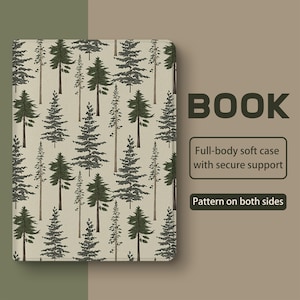 May include: A book cover with a repeating pattern of green and gray pine trees on a beige background. The word "BOOK" is displayed in large, dark letters. Text on the cover reads "Full-body soft case with secure support" and "Pattern on both sides."