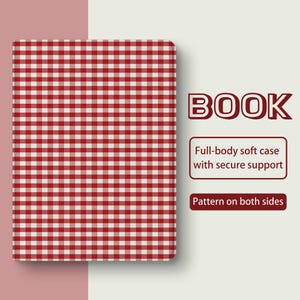 Può includere: Una copertina di libro con un motivo a quadri rossi e bianchi. La parola "BOOK" è visualizzata in un carattere marrone. Sono visibili anche le scritte "Full-body soft case with secure support" e "Pattern on both sides".