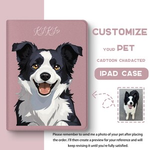 Può includere: Una custodia per iPad personalizzata con un'illustrazione a cartoni animati di un cane bianco e nero sorridente. La custodia è di colore rosa polveroso e include il testo "KIKI" e "CUSTOMIZE YOUR PET CARTOON CHARACTER IPAD CASE".