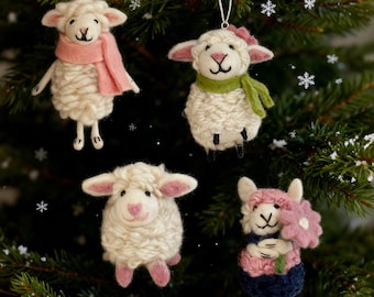 Handmade Wool Felt Sheep Ornament Set. Needle-Felted Hanging Decor for Cozy Home Display