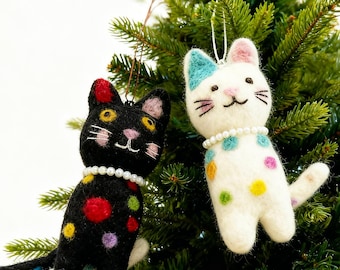 Handmade Wool Felt Cat Ornament Set. Needle-Felted Hanging Decor for Charming Home Display