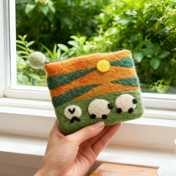 Handmade Wool Felt Sunset Lamb Coin Purse. Needle-Felted Mini Bag for Daily Use