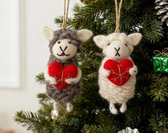 Handmade Wool Felt Heart Sheep Ornament Set for Christmas Tree and Holiday Decoration Display