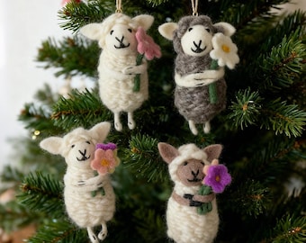 Handmade Wool Felt Flower Sheep Ornament Set, Decorative Hanging Holiday Home Display