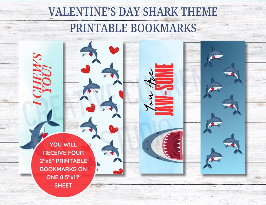 Printable Bookmarks for Kids, Shark Bookmarks, Printable Classroom Valentine's, Kids Valentine's ...
